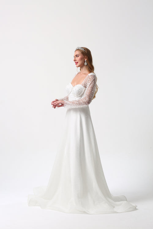 Boncuk İşlemeli Transparan Kollu Işıltılı A Kesim Gelinlik