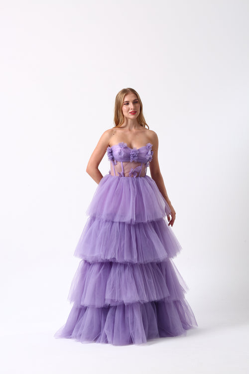 Çiçek Aplikeli Kat Kat Tül Abiye Elbise